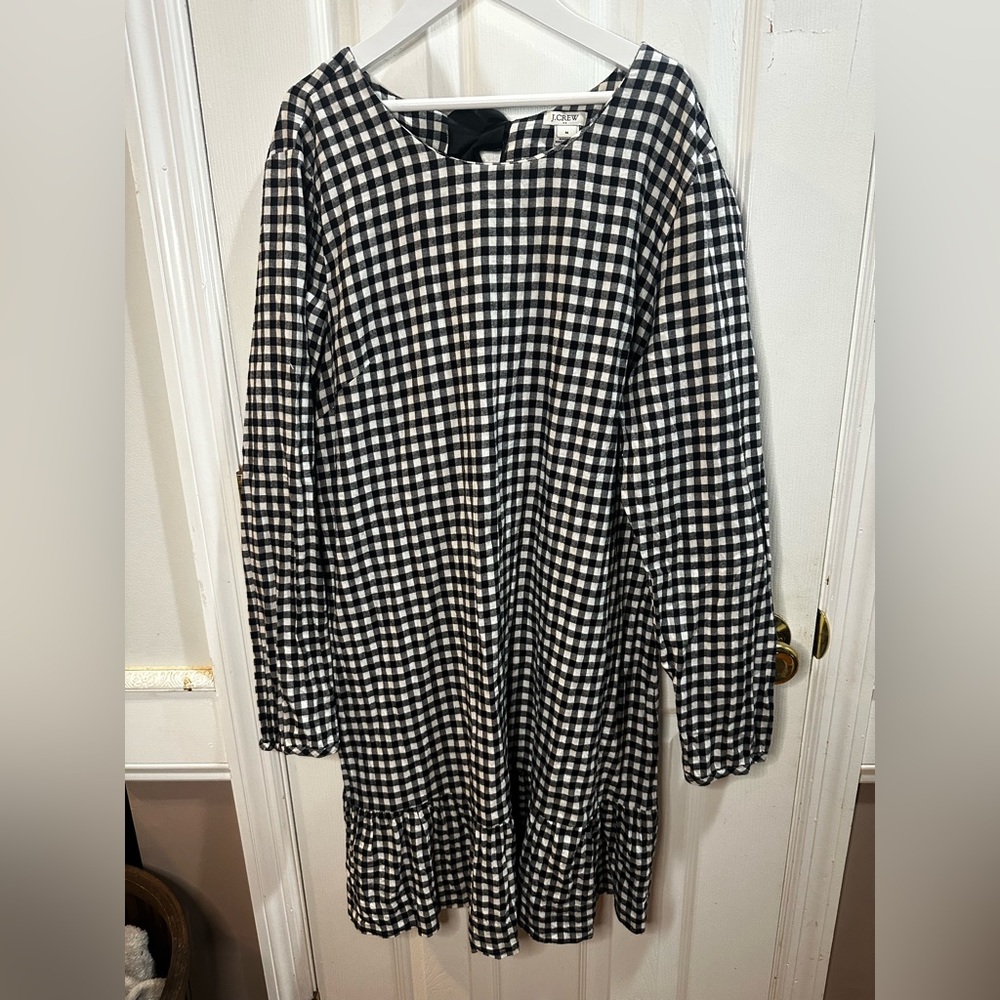 J‎ Crew Black White Gingham Long Sleeve Knee Length Dress Bow Back Med